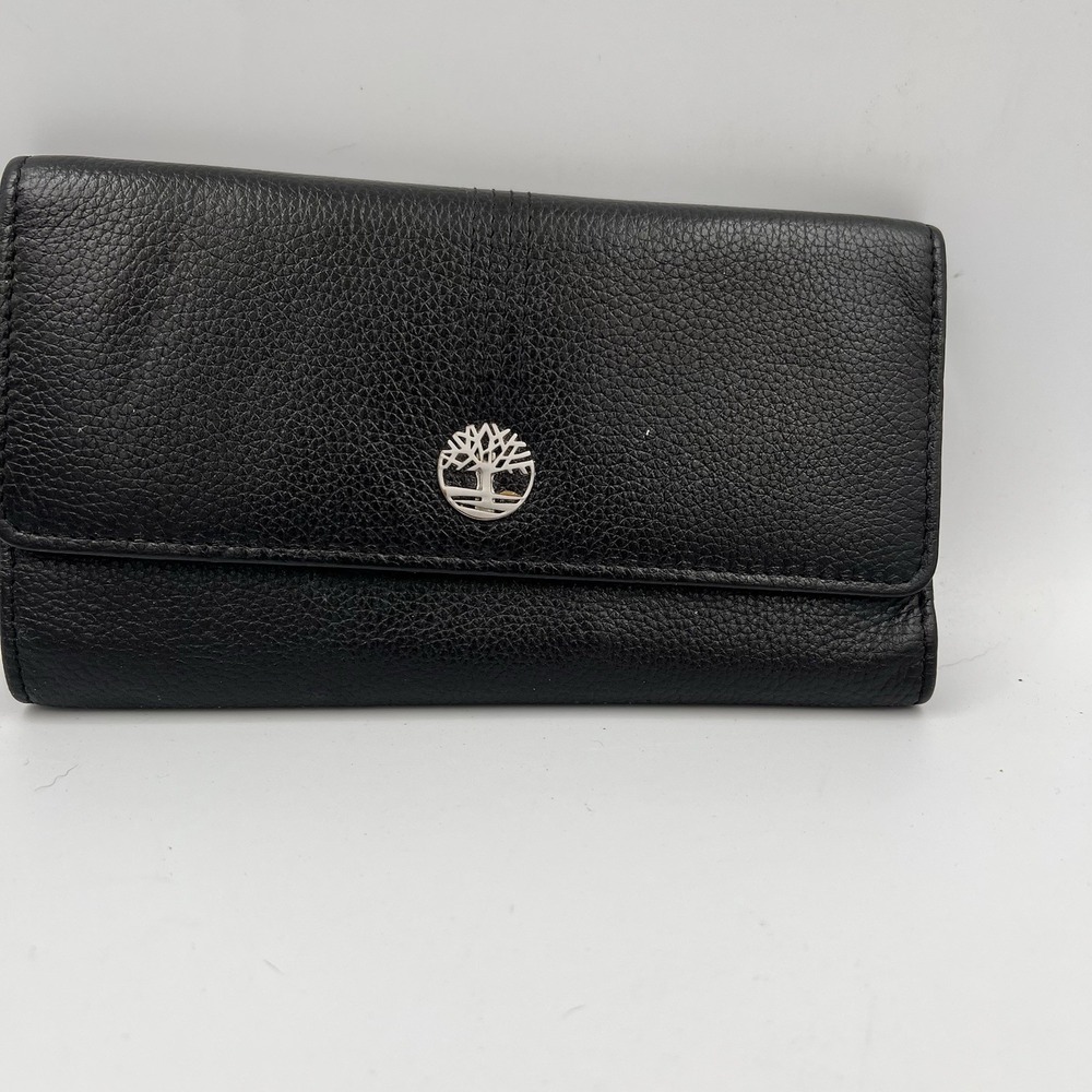 Timberland Pebbled Leather Black Wallet Women's Trifold Cardholder Clutch Flap